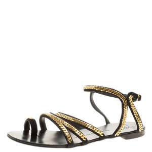 Pre Owned Giuseppe Zanotti Black Suede Gold Chain Detail Flat Sandals Size 38
