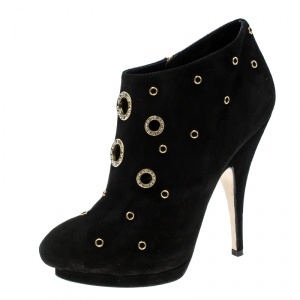 Pre Owned Giuseppe Zanotti Black Suede Grommet Crystal Eyelet Embellished Platform Booties Size 39