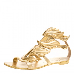 Pre Owned Giuseppe Zanotti 20th Anniversary Jewel Edition Metallic Gold Leather Cruel Summer Wing Flat Sandals Size 39