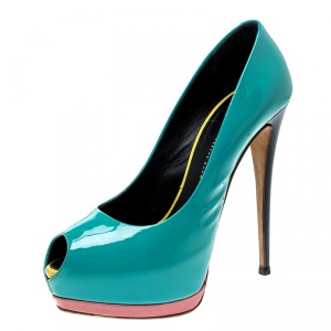 Pre Owned Giuseppe Zanotti Tricolor Patent Leather Peep Toe Platform Pumps Size 40.5