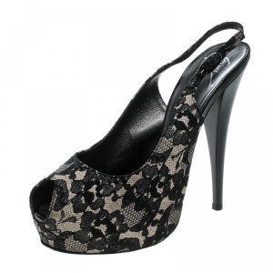 Pre Owned Giuseppe Zanotti Black Lace Peep Toe Slingback Sandals Size 37