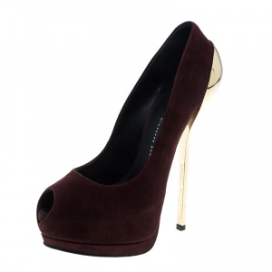 Pre Owned Giuseppe Zanotti Burgundy Suede Peep Toe Platform Pumps Size 36