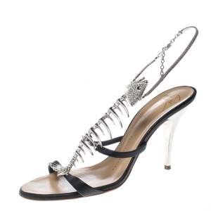 Pre Owned Giuseppe Zanotti Black Leather Crystal Embellished Fishbone Sandals Size 37