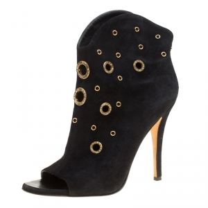 Pre Owned Giuseppe Zanotti Black Suede Grommet Crystal Eyelet Embellished Peep Toe Booties Size 39