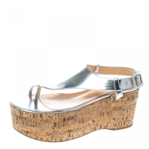 Pre Owned Giuseppe Zanotti Silver Leather Wedge Sandals Size 39