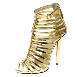 Pre Owned Giuseppe Zanotti Gold Leather Gladiator Peep Toe Sandals Size 37