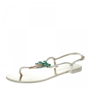 Pre Owned Giuseppe Zanotti Metallic Gold Leather Crystal Embellished Palm Tree Flat Thong Sandals Size 37.5