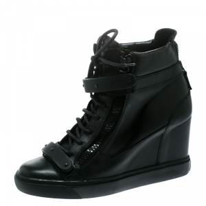 Pre Owned Giuseppe Zanotti Black Leather Jennifer Wedge Sneakers Size 41