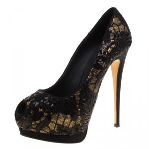 Pre Owned Giuseppe Zanotti Black/Gold Sequins Embellished Lace Sharon Peep Toe Platform Pumps Size 38.5