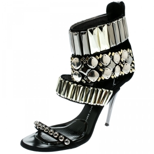 Pre Owned Giuseppe Zanotti Black Embellished Suede Ankle Strap Open Toe Sandals Size 38.5