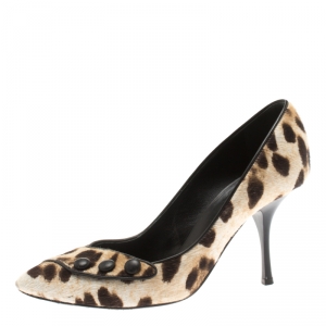 Pre Owned Giuseppe Zanotti Beige Leopard Print Pony Hair Button Detail Pumps Size 38