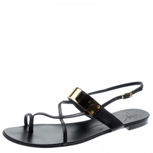 Pre Owned Giuseppe Zanotti Black Leather Cross Strap Flat Sandals Size 40