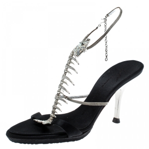Pre Owned Giuseppe Zanotti Black Satin Crystal Encrusted Fish Bone Embellished Sandals Size 36