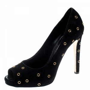 Pre Owned Giuseppe Zanotti Black Suede Eyelet Detail Peep Toe Pumps Size 41