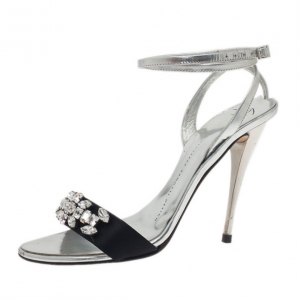 Pre Owned Giuseppe Zanotti Silver and Black Crystal Ankle Strap Sandals Size 37