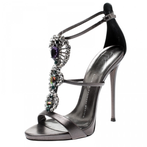 Pre Owned Giuseppe Zanotti Grey Leather Crystal Embellished Strappy Sandals Size 37