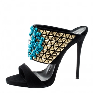 Pre Owned Giuseppe Zanotti Black Crystal Embellished Suede Coline Open Toe Sandals Size 37.5