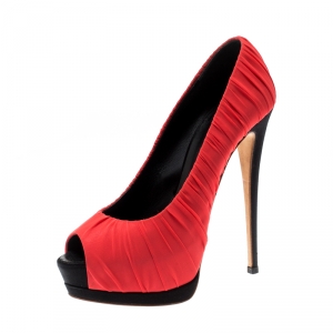 Pre Owned Giuseppe Zanotti Red Pleated Fabric Peep Toe Platform Pumps Size 38