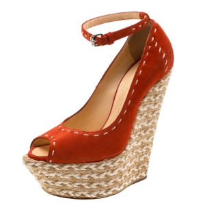 Pre Owned Giuseppe Zanotti Orange Suede Peep Toe Platform Wedge Espadrille Sandals Size 37