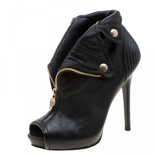 Pre Owned Alexander McQueen Black Leather Faithful Skull Peep Toe Ankle Boots Size 36.5