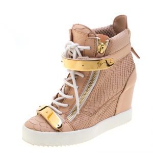 Pre Owned Giuseppe Zanotti Pink Python Embossed Leather Lorenz Wedge Sneakers Size 38.5
