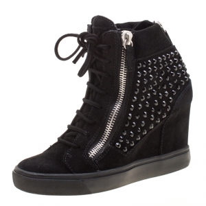 Pre Owned Giuseppe Zanotti Black Suede Embellished Wedge Sneakers Size 38
