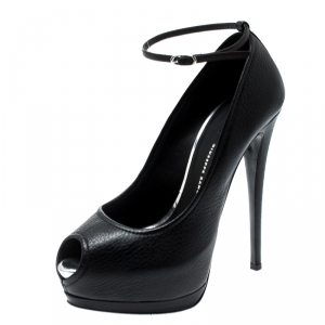 Pre Owned Giuseppe Zanotti Black Leather Peep Toe Ankle Strap Platform Pumps Size 38