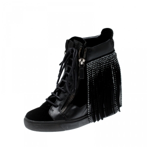Pre Owned Giuseppe Zanotti Black Leather and Velvet Lorenze Embellished Fringe Wedge Sneakers Size 40.5