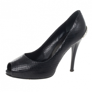 Pre Owned Giuseppe Zanotti Black Embossed Peep Toe Pumps Size 36.5