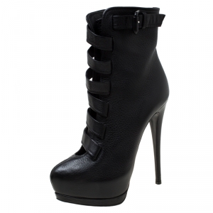 Pre Owned Giuseppe Zanotti Black Leather Strappy Platform Ankle Boots Size 38.5