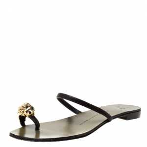 Pre Owned Giuseppe Zanotti Black Leather Lion Head Embellished Flats Slides Size 38