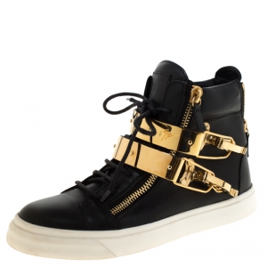 Pre Owned Giuseppe Zanotti Leather Metal Plate Ski Buckle High Top Sneakers Size 38