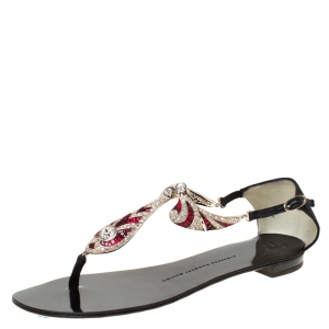 Pre Owned Giuseppe Zanotti Black Crystal Embellished Thong Sandals Size 37