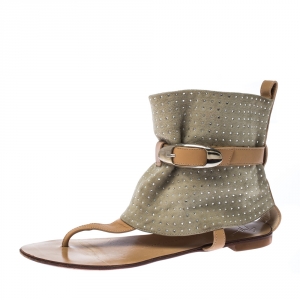 Pre Owned Giuseppe Zanotti Green/Beige Suede Embellished Thong Ankle Cuff Sandals Size 37