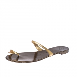 Pre Owned Giuseppe Zanotti Metallic Gold Leather Toe Ring Sandals Size 37.5