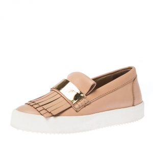 Pre Owned Giuseppe Zanotti Beige Fringed Leather Slip On Sneakers Size 36