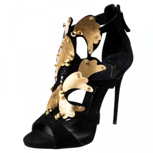 Pre Owned Giuseppe Zanotti Black/Gold Crystal Embellished Suede and Vinyl Strappy Sandals Size 38.5 