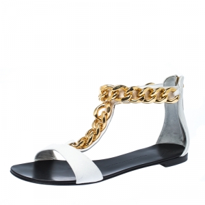 Pre Owned Giuseppe Zanotti White Leather Chain Link Flat Sandals Size 40