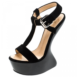 Pre Owned Giuseppe Zanotti Black Suede T Strap Platform Heel Less Wedge Sandals Size 37