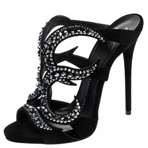 Pre Owned Giuseppe Zanotti Black Suede Crystal Embellished Open Toe Slides Size 36