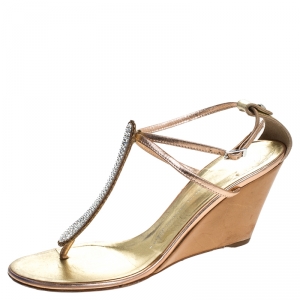 Pre Owned Giuseppe Zanotti Metallic Bronze Leather Embellished Thong Wedges Ankle Strap Sandals Size 38