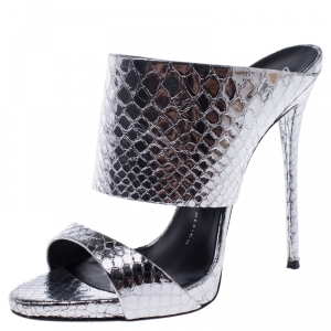 Pre Owned Giuseppe Zanotti Metallic Silver Snake Embossed Leather Andrea Mules Size 37.5
