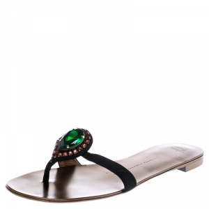 Pre Owned Giuseppe Zanotti Black Suede Crystal Embellished Thong Sandals Size 38