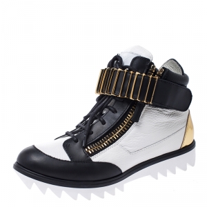 Pre Owned Giuseppe Zanotti White/Black Leather Metal Embellished Strap High Top Sneakers Size 37.5