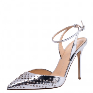 Pre Owned Giuseppe Zanotti Silver Foil Leather Studded Ankle Strap Sandals Size 37
