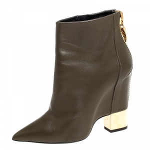 Pre Owned Giuseppe Zanotti Grey Leather Pointed Toe Wedge And Block Heel Ankle Boots Size 38