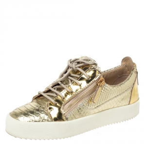 Pre Owned Giuseppe Zanotti Metallic Gold Leather Double Zip Lace Up Sneakers Size 38