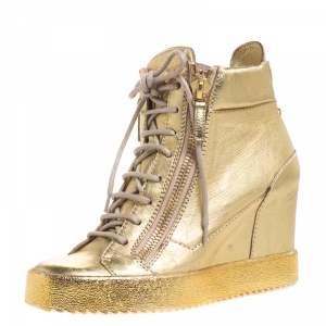 Pre Owned Giuseppe Zanotti Gold Leather High Top Wedge Sneakers Size 38