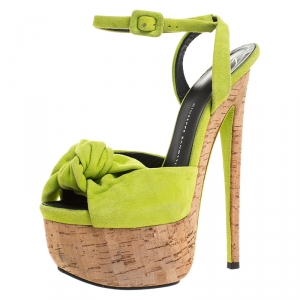 Pre Owned Giuseppe Zanotti Neon Green Suede Bow Ankle Strap Platform Sandals Size 37.5