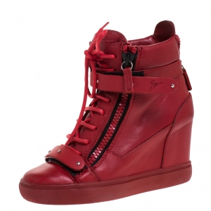Pre Owned Giuseppe Zanotti Red Leather Jennifer Wedge Sneakers Size 37.5